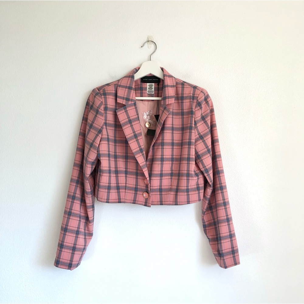NWT Know One Cares Pink / Blue Tartan Plaid Cropped Blazer Jacket Size Large